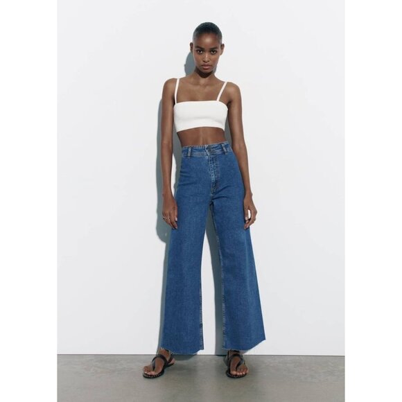Zara Wide Leg High Rise Flat Front Jeans - Size 8 - Picture 1 of 8